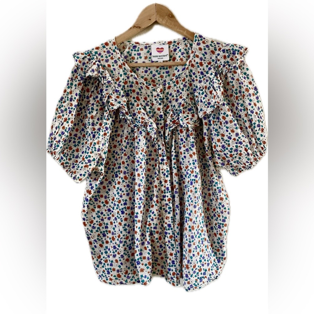 Anthropologie Hester & Orchard Floral Peasent Blouse With Ruffles Size M